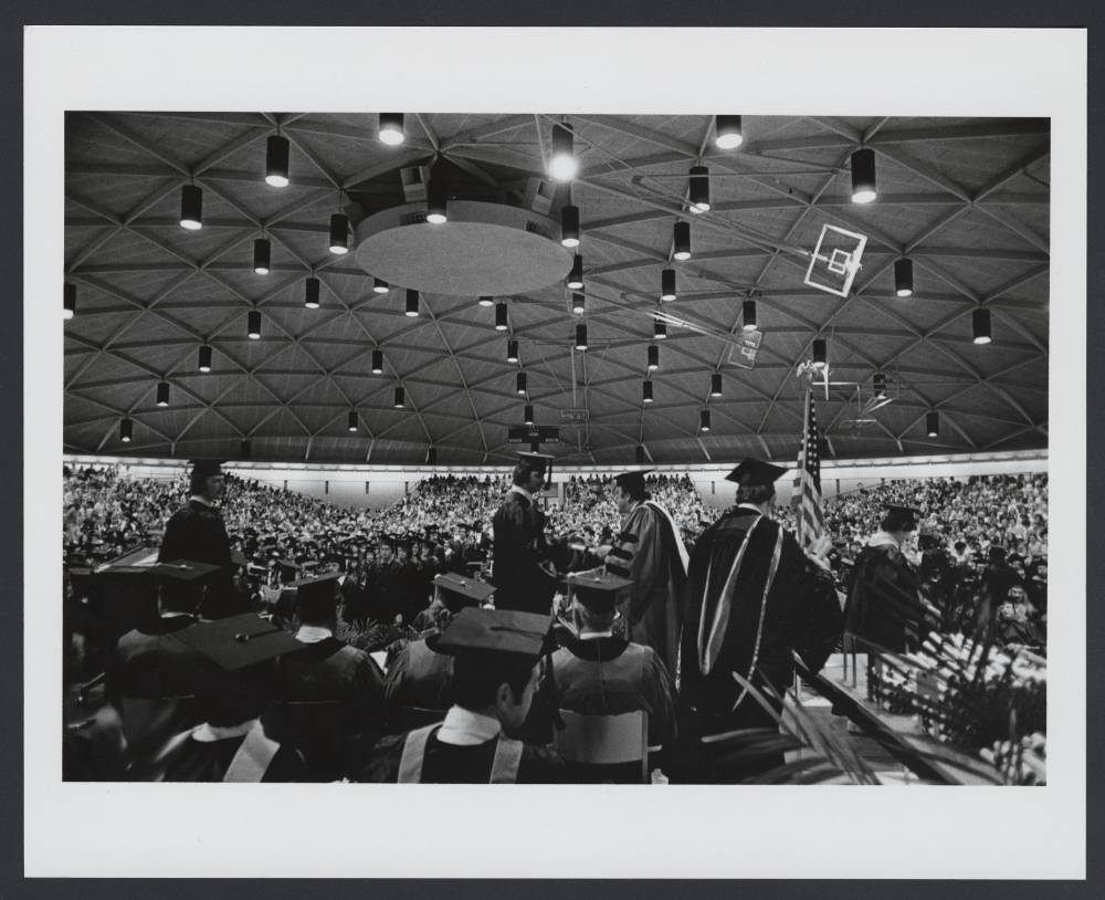 Students and faculty at 1972 Commencement under the Field House dome.